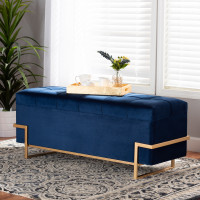 Baxton Studio JY20A122L-Navy Blue/Gold-Storage Otto Parker Glam and Luxe Navy Blue Velvet Upholstered and Gold Metal Finished Storage Ottoman